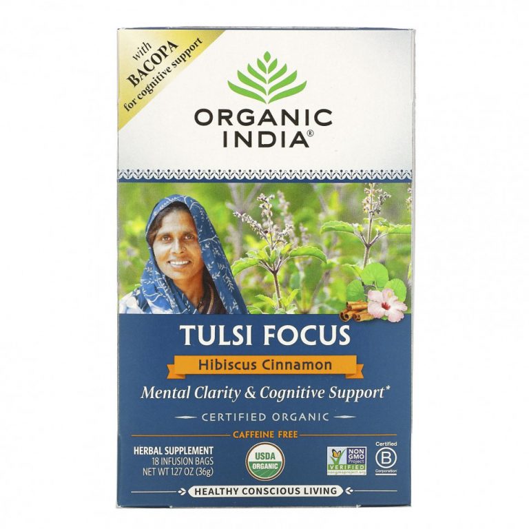 Organic India, Tulsi Focus с бакопой, гибискусом и корицей, без кофеина, 18 пакетиков для настоя, 36 г (1,27 унции)