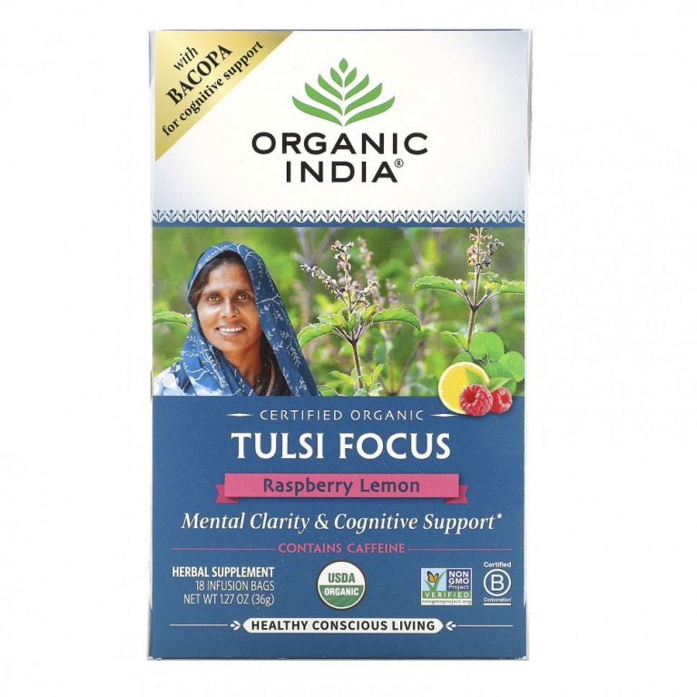 Organic India, Tulsi Tea, Focus, малина и лимон, 18 пакетиков для настоя, 1,27 унции (36 г)