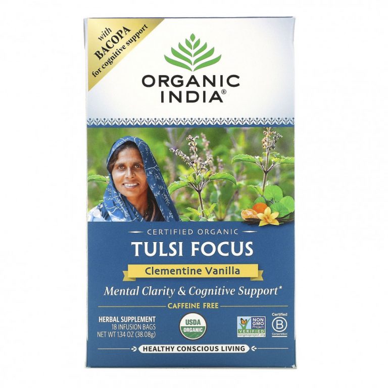 Organic India, Tulsi Tea, Focus, клементина и ваниль, без кофеина, 18 пакетиков для настоя, 1,34 унции (38,08 г)