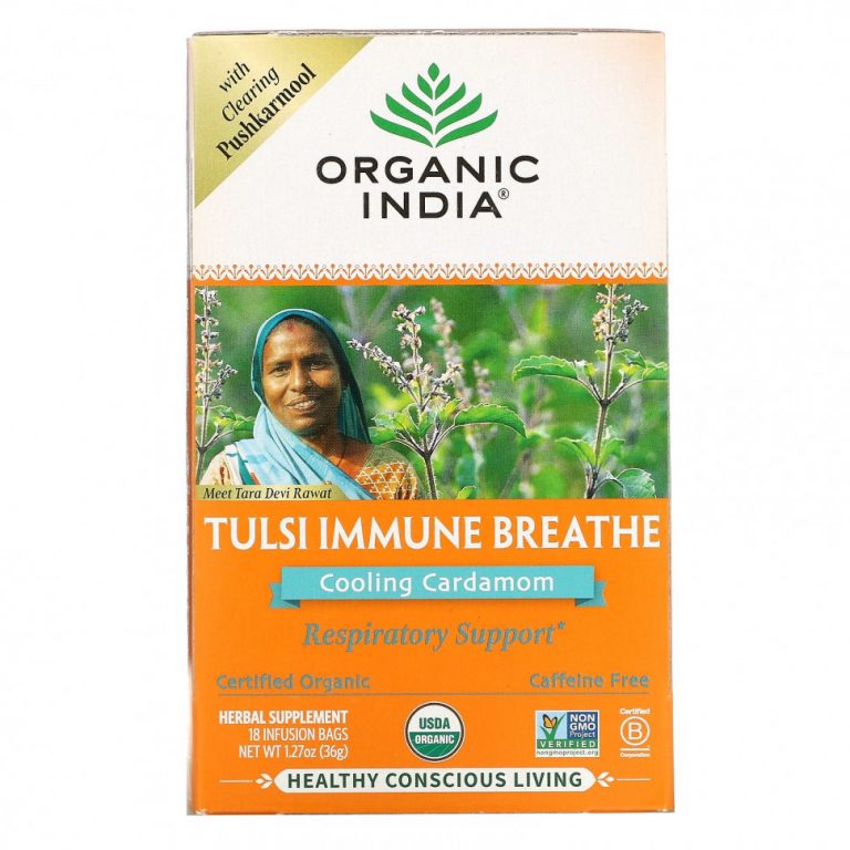 Organic India, Tulsi Immune Breathe, охлаждающий кардамон, без кофеина, 18 пакетиков для настоя, 36 г (1,27 унции)