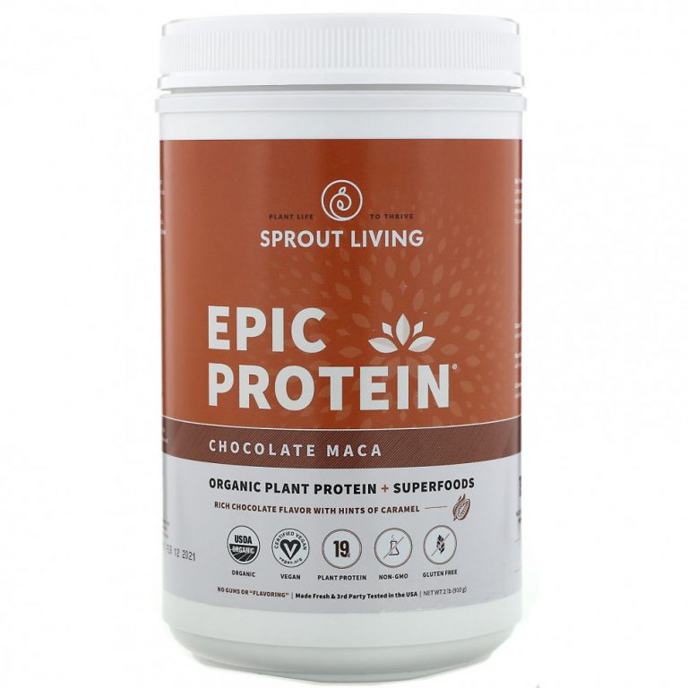 Sprout Living, Epic Protein, органический растительный протеин и суперфуды, шоколад и мака, 910 г (2 фунта)