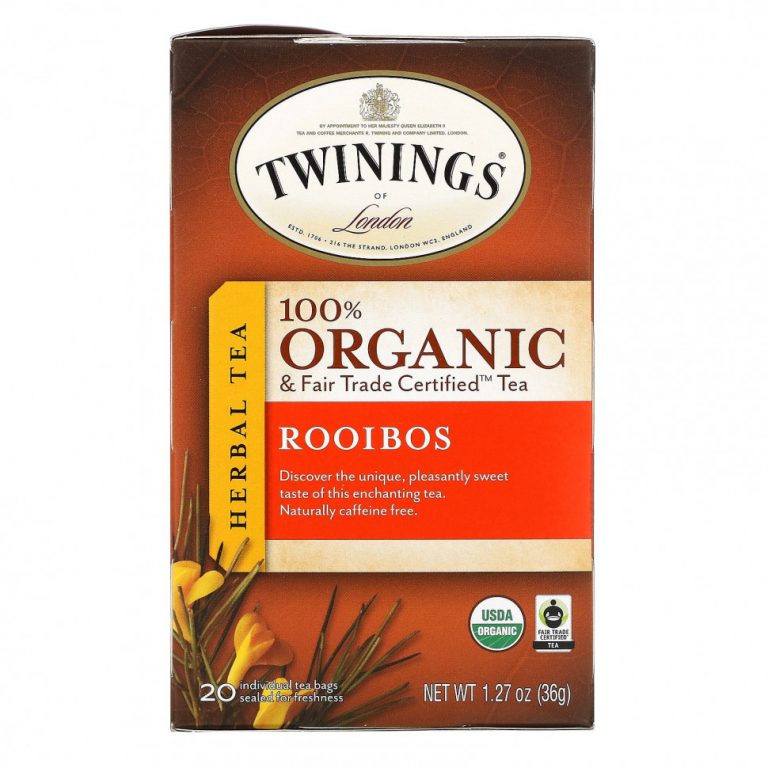 Twinings, органический травяной чай ройбуш, сертифицированный Fair Trade Certified, 20 чайных пакетиков, 36 г (1,27 унции)