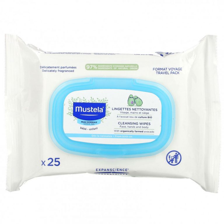 Mustela, для детей, очищающие салфетки для лица, рук и тела, с авокадо, для нормальной кожи, 25 штук