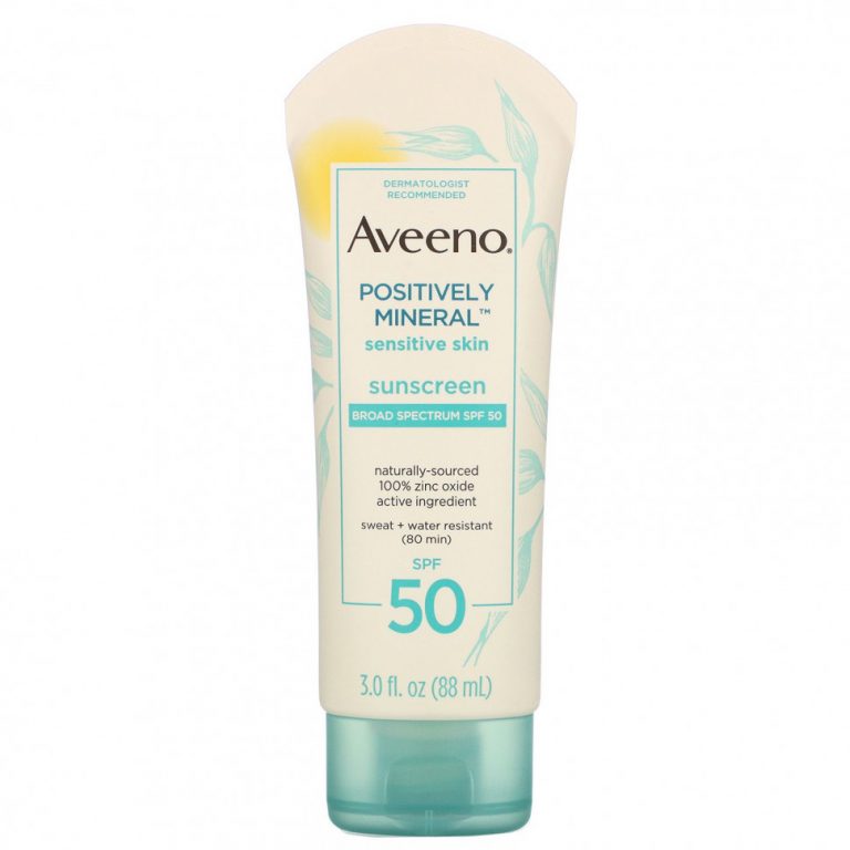 Aveeno, Positively Mineral, солнцезащитное средство для чувствительной кожи, SPF 50, 88 мл (3,0 жидк. унции)