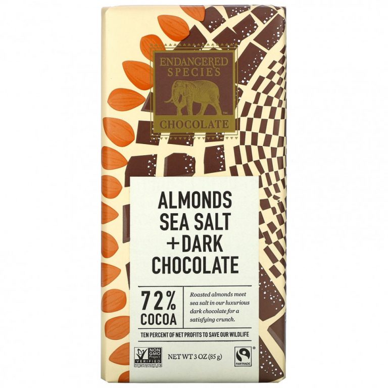 Endangered Species Chocolate, черный шоколад с миндалем и морской солью, 72% какао, 85 г (3 унции)