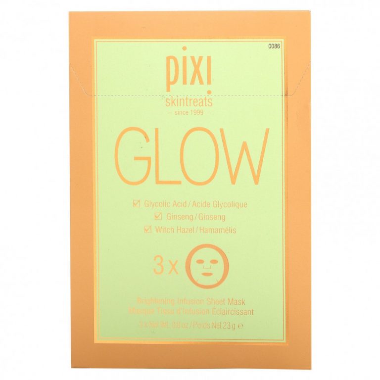 Pixi Beauty, Skintreats, Glow Glycolic Boost, осветляющая тканевая маска для лица с гликолевой кислотой, 3 шт., по 23 г (0,80 унции) каждая