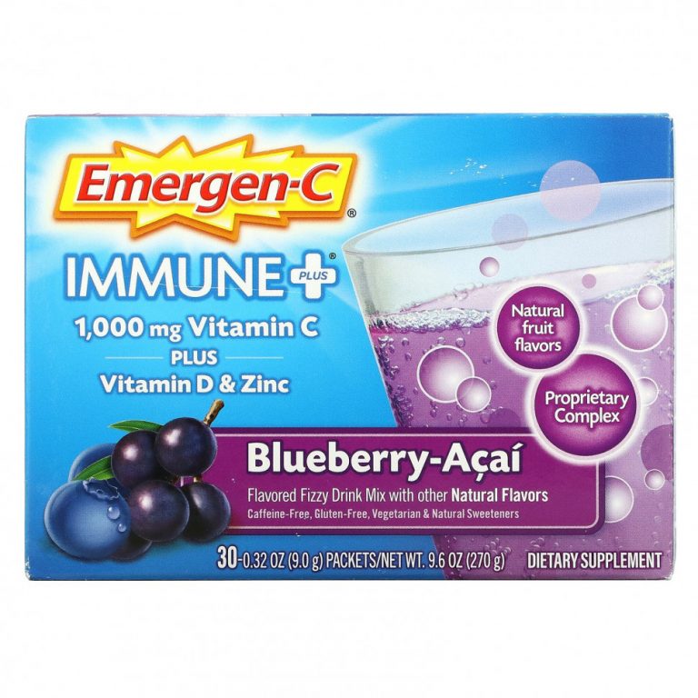 Emergen-C, Immune +, витамин C, витамин D и цинк, голубика и асаи, 1000 мг, 30 пакетиков по 9,0 г (0,32 унции)