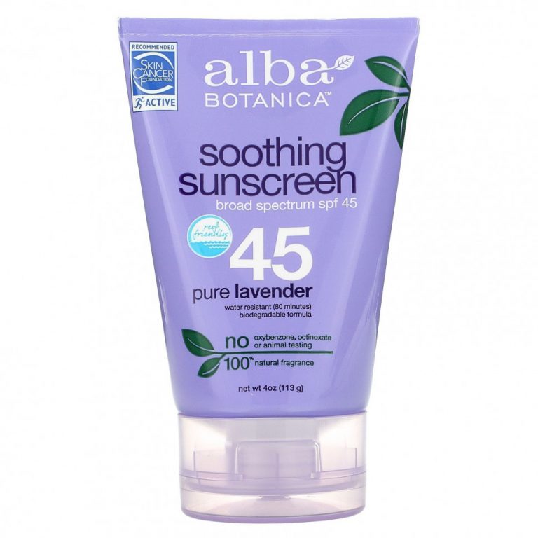 Alba Botanica, успокаивающий солнцезащитный крем, солнцезащитный фактор SPF 45, чистая лаванда, 113 г (4 унции)