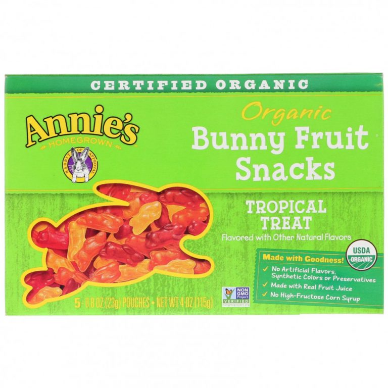 Annie’s Homegrown, Organic Bunny Fruit Snacks, тропическое лакомство, 5 пакетиков по 23 г (0,8 унции) каждый