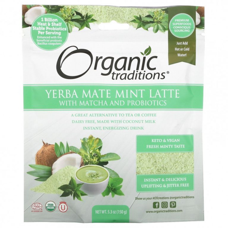 Organic Traditions, Мятный латте Yerba Mate с матча и пробиотиками, 150 г (5,3 унции)