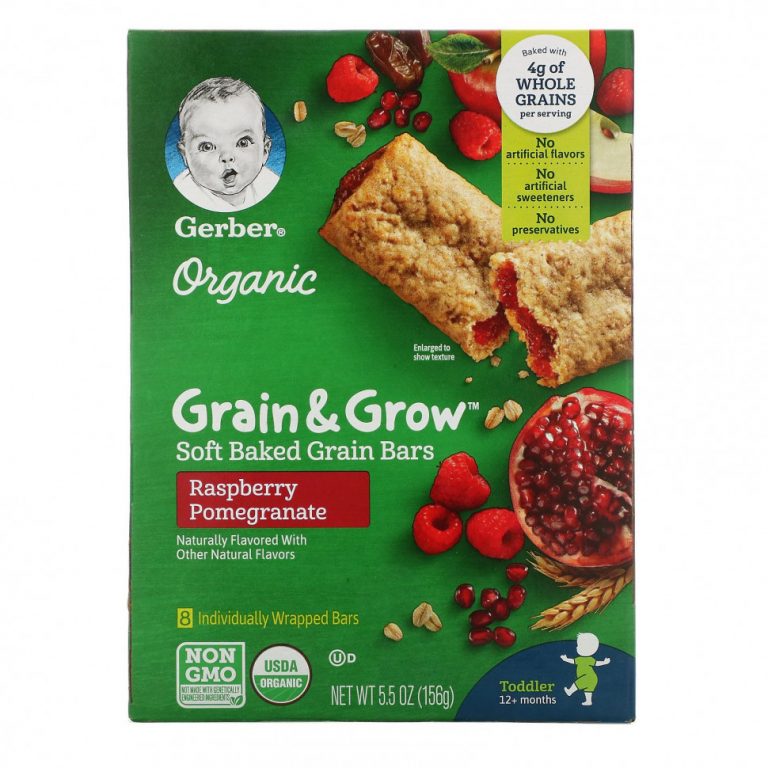 Gerber, Organic, Grain & Grow, мягкие запеченные зерновые батончики, от 12 месяцев, со вкусом малины и граната, 8 батончиков в индивидуальной упаковке