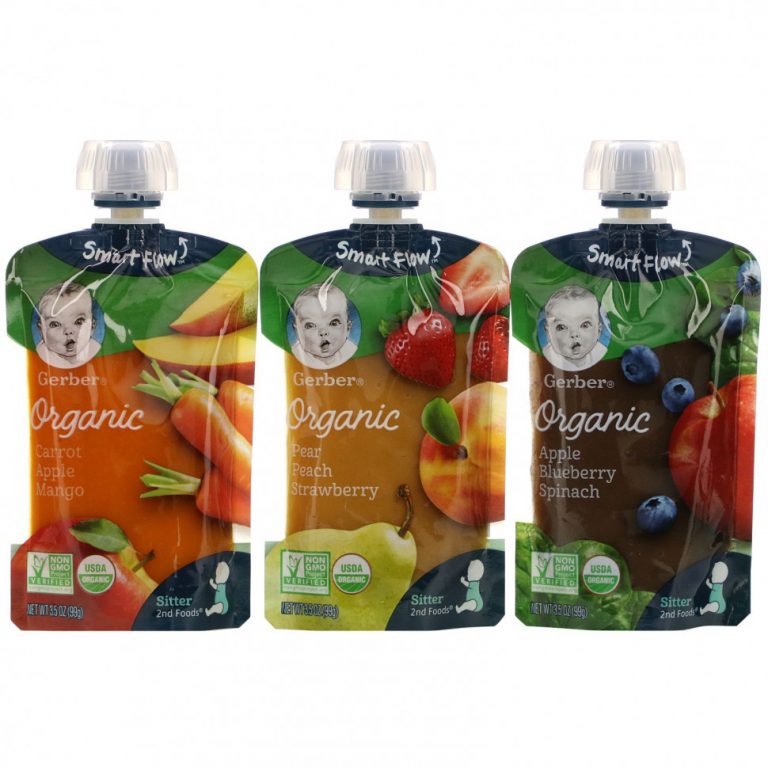 Gerber, Organic, экономичная упаковка, «Груша, персик и клубника», «Морковь, яблоко и манго», «Яблоко, черника и шпинат», 9 пакетиков, 99 г (3,5 унции) в каждом