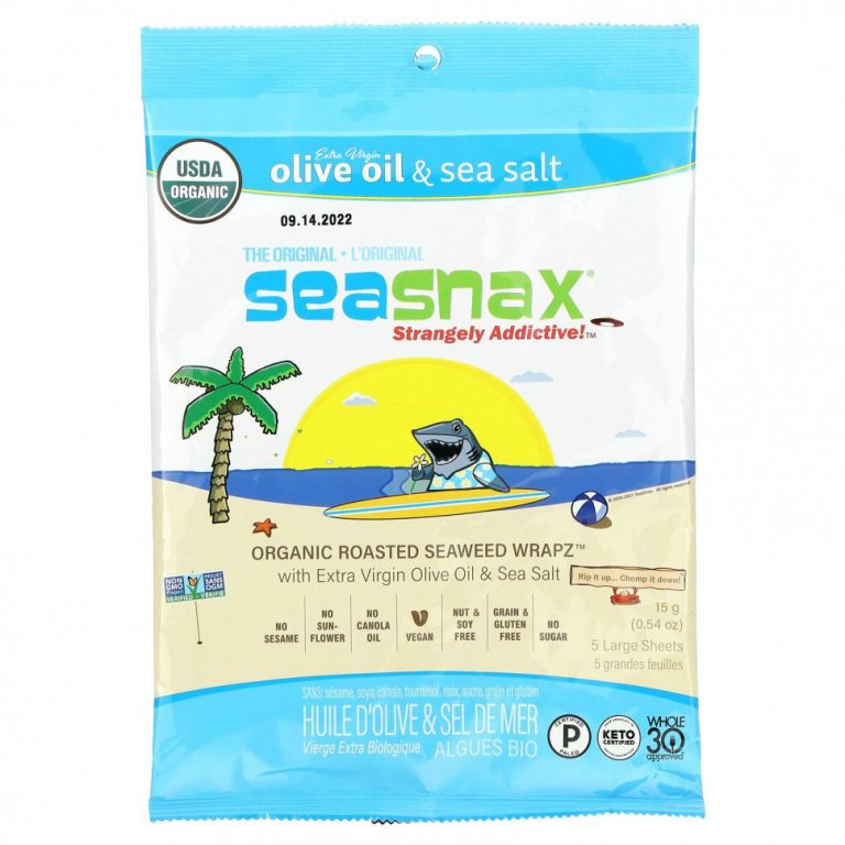 SeaSnax, упаковка органических обжаренных водорослей, оригинальный вкус, 5 больших листов, 15 г (0,54 унции)