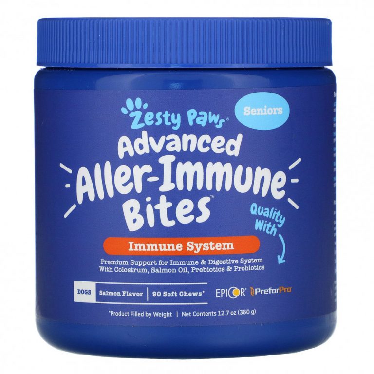 Zesty Paws, Advanced Aller-Immune Bites для собак, иммунная система, для пожилых людей, со вкусом лосося, 90 жевательных таблеток, 360 г (12,7 унции)