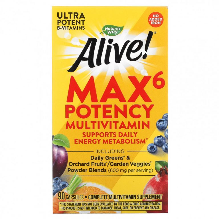 Nature’s Way, Alive! Max6 Potency, мультивитамины повышенной эффективности, без добавления железа, 90 капсул