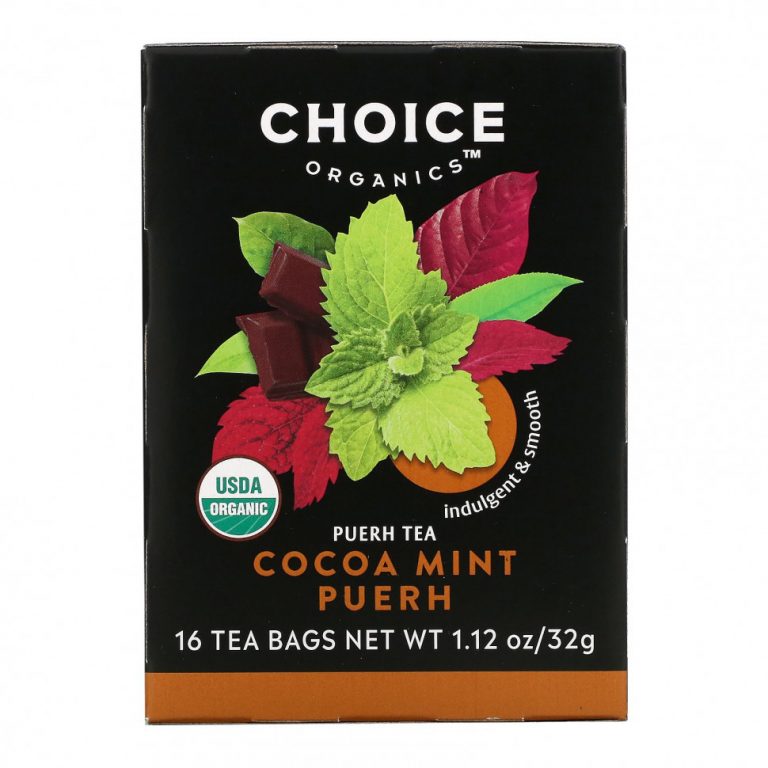 Choice Organic Teas, Puerh Tea, какао и мята, 16 чайных пакетиков, 32 г (1,12 унции)