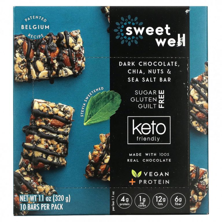 Sweetwell, Keto Bar, чиа, орехи, морская соль и темный шоколад, 10 батончиков по 32 г (1,1 унции)